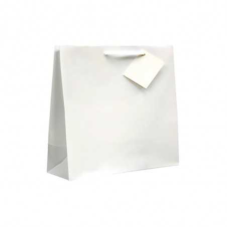 Bolsa personalizada de papel blanco con asa de cuerda. 19x10x27cm. A 1 color a dos lados