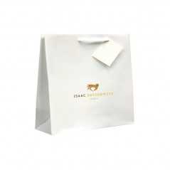 Bolsa personalizada de papel blanco con asa de cuerda. 19x10x27cm. Cuatricomía, 1 lado