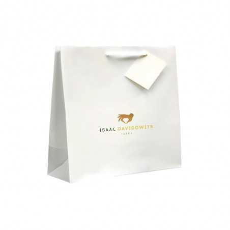 Bolsa personalizada de papel blanco con asa de cuerda. 19x10x27cm. Cuatricomía, 1 lado