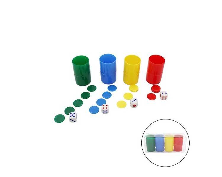 Lote 3 packs 4 cubiletes con fichas de parchís y dados