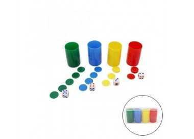Lote 3 packs 4 cubiletes con fichas de parchís y dados