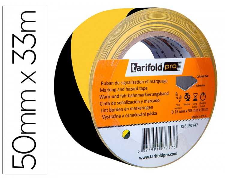 Cinta adhesiva tarifold seguridad para marcaje y señalización de suelo 33 mt x 50 mm color negro/amarillo