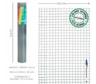 Malla Electrosoldada Galvanizada 19x19 / 60 cm. rollo 25 Metros Uso Domestico