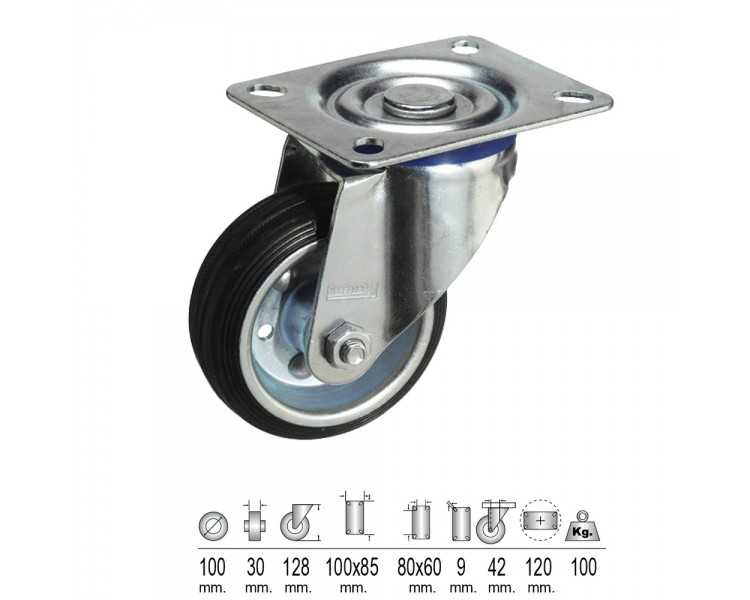 Rueda Industrial Goma Negra Placa  100 mm.