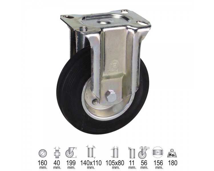 Rueda Industrial Goma Negra Fija 160 mm.
