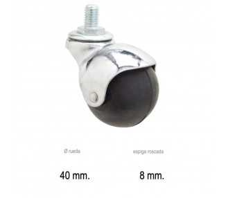 Rueda Domestica Goma Negra Esfera Espiga M8x40 mm.