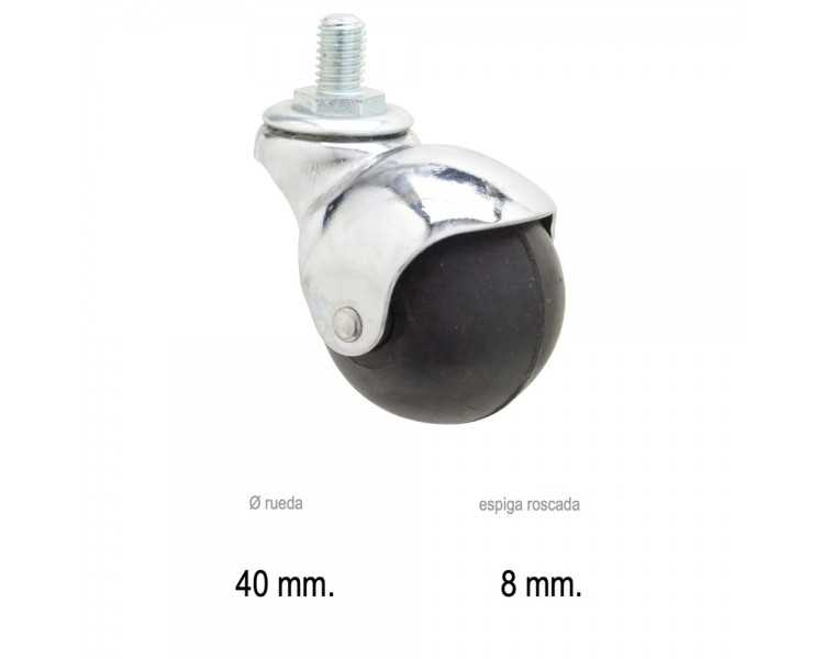 Rueda Domestica Goma Negra Esfera Espiga M8x40 mm.