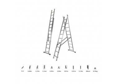 Escalera Aluminio 2 Tramos 9+9 Peldaños. Plegable, Antideslizante, Resistente
