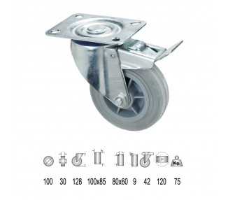 Rueda Industrial Goma Gris Placa con freno 100 mm.