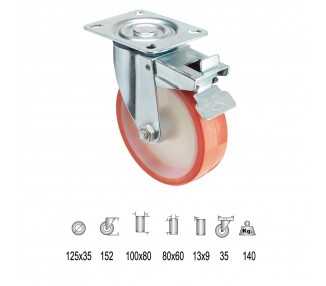 Rueda Industrial Poliuretano Placa con freno 125 mm.