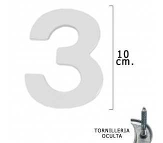 Numero Metal "3" Plateado Mate 10 cm. con Tornilleria Oculta (Blister 1 Pieza)