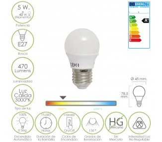 Bombilla Led Esferica E27 5 W. - 40 W. 470 lúmenes. Luz cálida (3.000 °K).