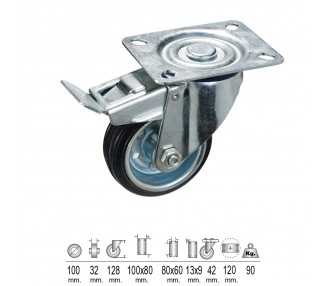 Rueda Industrial Goma Negra Placa con freno 100mm