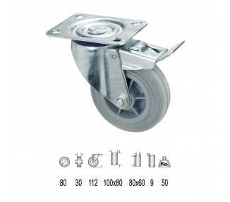 Rueda Industrial Goma Gris Placa con freno  80mm