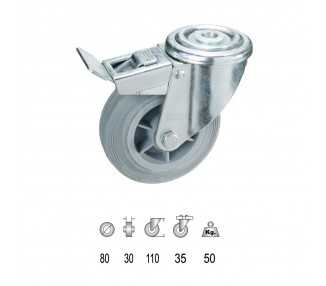 Rueda Industrial Goma Gris Pasante con freno  80mm