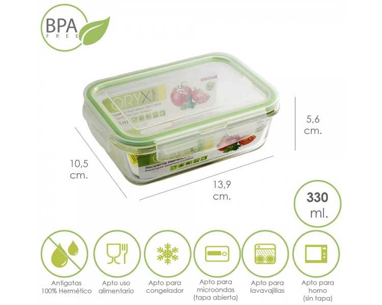 Recipiente Hermetico Cristal Rectangular  330 ml. 13.9 x 10.5 x 5.6 (alt) cm.