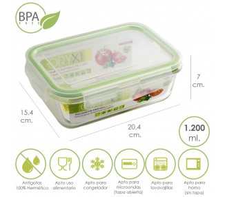 Recipiente Hermetico Cristal Rectangular 1200 ml. 20.4 x 15.4 x 7 (alt) cm.