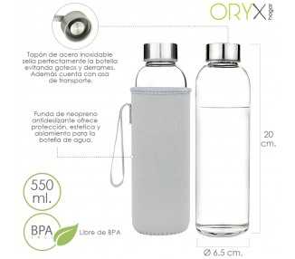 Botella Agua Cristal 550 ml. Funda Neopreno con Asa. Sin BPA