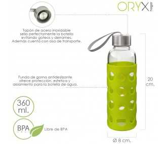 Botella Agua de Cristal, Capacidad De 360 ML. Libre BPA, Con Funda Goma y Tapon Antigotas