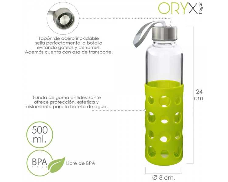 Botella Agua Fabricada En Cristal Con Funda De Goma y Tapon Antigotas, 500ml, Libre de BPA