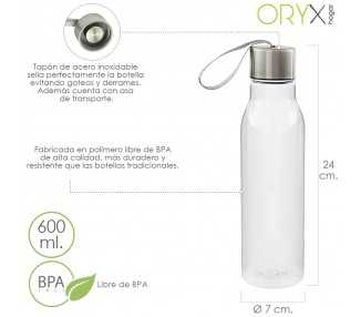 Botella Agua, Capacidad De 600 ML. Plastico Libre BPA, Con Asa, Tapon Acero Inoxidable.