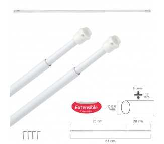 Barra Visillo Extensible 36/64 cm. con Muelle Presion, Soportes y Ventosas (2 Piezas)