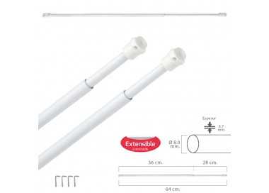 Barra Visillo Extensible 36/64 cm. con Muelle Presion, Soportes y Ventosas (2 Piezas)