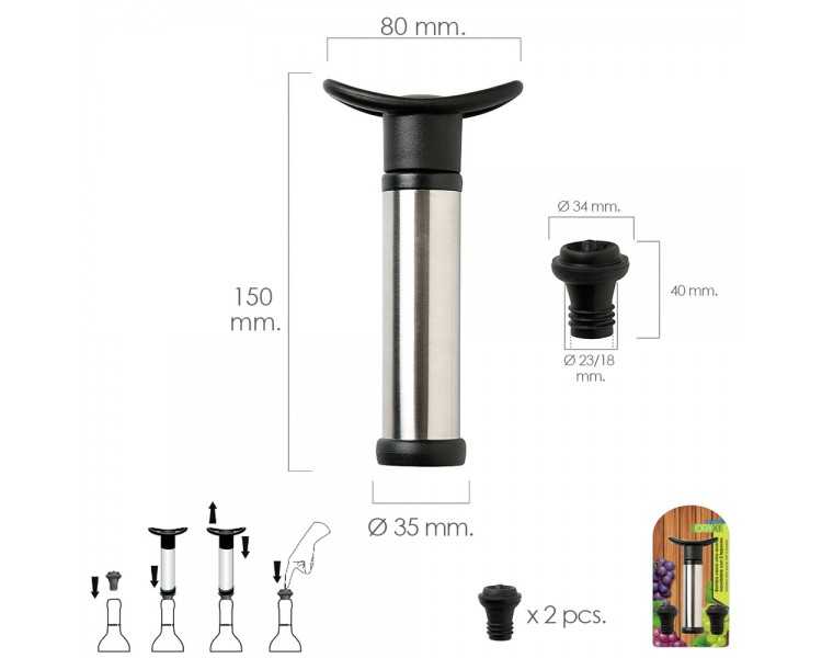 Bomba Vacio Vino Acero Inoxidable Con 2 Tapones