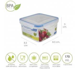 Recipiente Hermetico Plastico Cuadrado 170 ml.  8.5x8.5x5 (Alt.) cm.