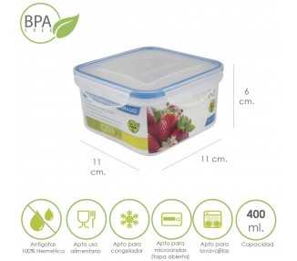 Recipiente Hermetico Plastico Cuadrado 400 ml.  11x11x6 (Alt.) cm.