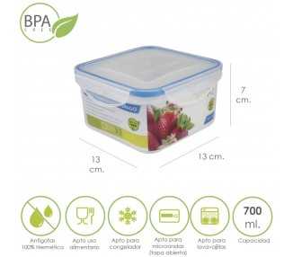 Recipiente Hermetico Plastico Cuadrado 700 ml.  13x13x7 (Alt.) cm.