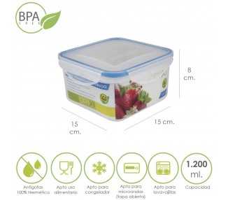 Recipiente Hermetico Plastico Cuadrado 1200 ml.  15x15x8 (Alt.) cm.