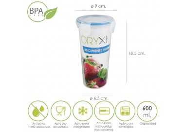 Vaso Recipiente Hermetico Medidor Plastico Redondo 600 ml. Ø 9x18.5 (Alt.) cm.