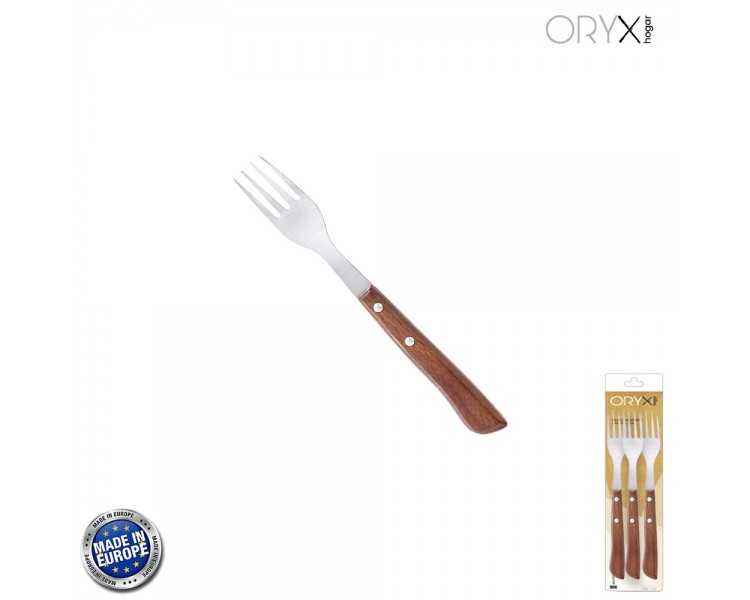 Tenedor Montana Chuletero Acero Inoxidable 9 cm. Mango Madera (Blister 3 Piezas)