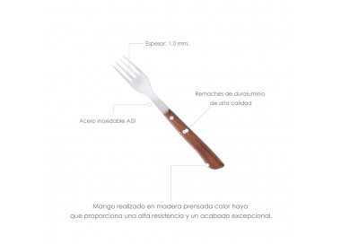 Tenedor Montana Chuletero Acero Inoxidable 9 cm. Mango Madera (Blister 3 Piezas)