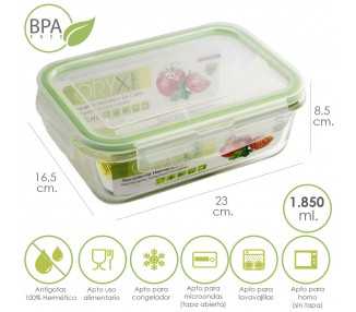 Recipiente Hermetico Cristal Rectangular 1850 ml. 23 x 16.5 x 8.5 (alt) cm.