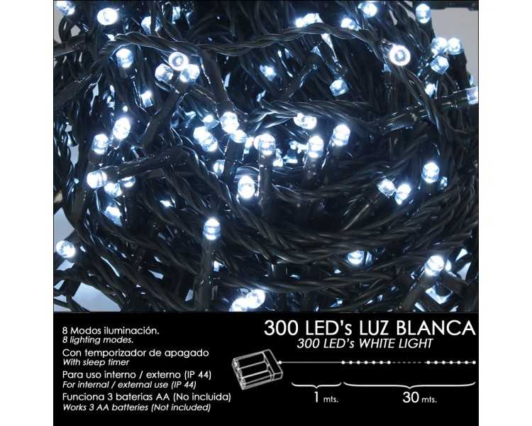 Luces Navidad A Pilas 300 Leds Luz Blanca Interior / Exterior (IP44)