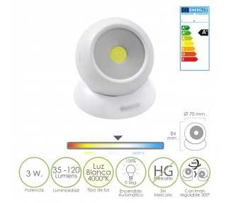 Linterna LED Armario Esfera A Pilas (3 AAA) 120 Lumenes Ajustable 300º Con Iman y Adhesivo.