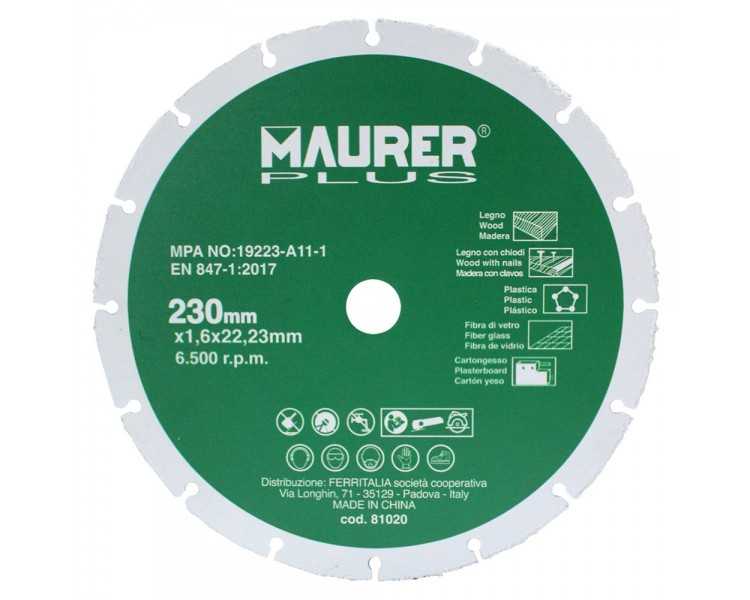 Disco De Corte Para Madera y Plasticos Ø 230 x 1,6 mm.