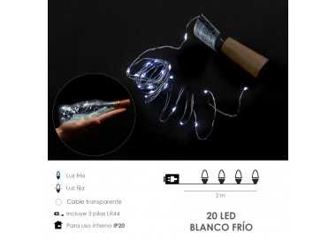 Luces Navidad Guirnalda Led con Tapon 20 Microled Blanco Frio IP20. A Pilas 3 LR44 (Si Incluidas)