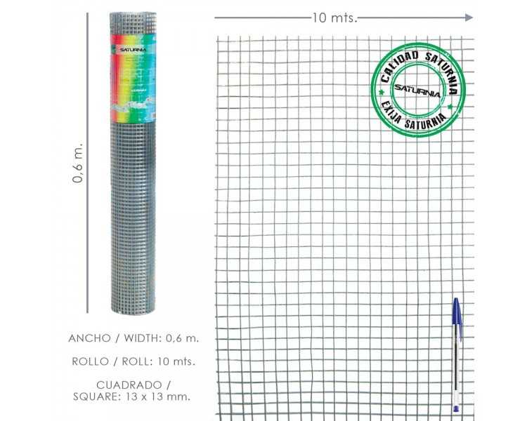 Malla Electrosoldada Ligera Galvanizada 13x13 Alto 60 cm. Rollo 10 Metros Uso Domestico
