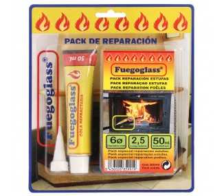 Kit Reparacion Estufas/Chimeneas, Cola Refractaria y Cordon Fibra Vidrio 6 mm. x 2,5 m.