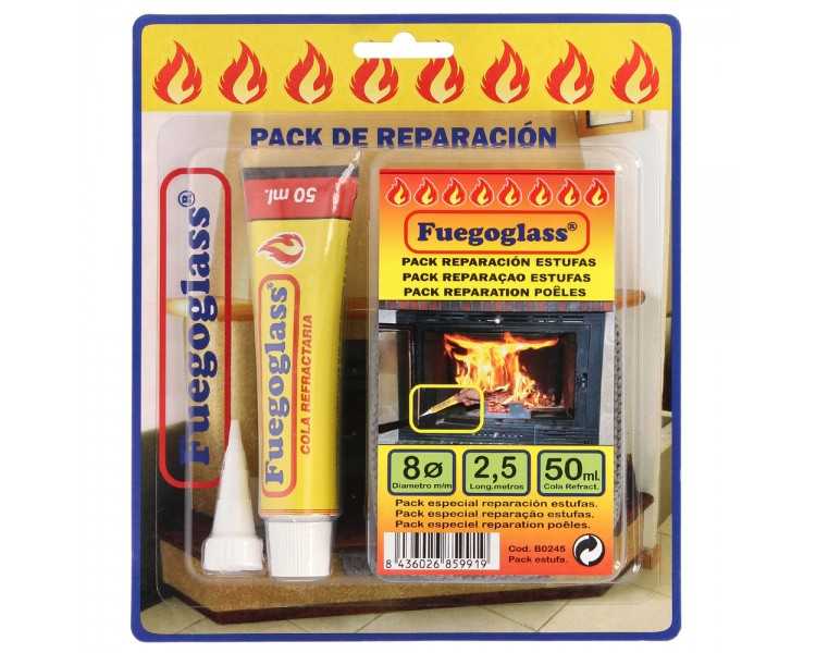 Kit Reparacion Estufas/Chimeneas, Cola Refractaria y Cordon Fibra Vidrio 8 mm. x 2,5 m.