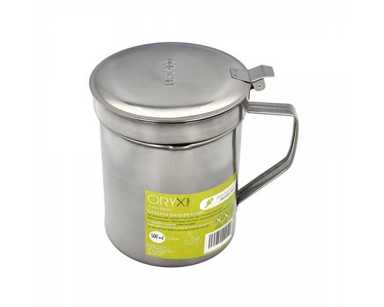 Grasera Acero Inoxidable Para Pescado Aceitera Aceite Usado 0,5 L. Con Colador y Tapa, Recipiente Reciclaje Aceite Usado Pescado