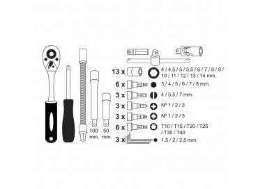 Juego Llaves De Vaso y Puntas 1/4" 46 Piezas. Con Apadtador. Cromo Vanadio, Kit Llave Combinada, Kit Carraca, Juego Llaves Vaso