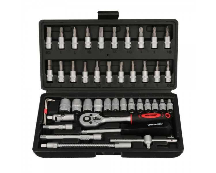 Juego Llaves De Vaso y Puntas 1/4" 46 Pzs. Con Apadtador. Cromo Vanadio, Kit Llave Combinada, Kit Carraca,