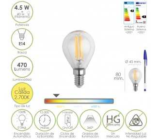 Bombilla Led Filamento Esfera Rosca E14. 4,5 Watt. Equivale A 40 Watt. 470 Lumenes. Luz Cálida (2700º K.)