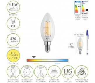 Bombilla Led Filamento Vela Rosca E14. 4,5 Watt. Equivale A 40 Watt. 470 Lumenes. Luz Cálida (2700º K.)