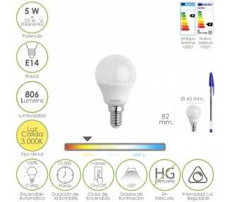 Bombilla Led Esferica Rosca E14. 5 Watt. Equivale A 55 Watt. 806 Lumenes. Regulable Luz Cálida (3000º K.)