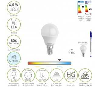 Bombilla Led Esfera Rosca E14. 6.5 Watt. Equivale A 55 Watt. 806 Lumenes. Luz Fría 6500º K.